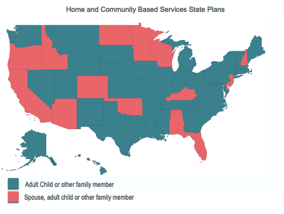 Map of United States showing HCBS Plans payments for Spouse, adult child or appointed caregiver 4 ways to get paid for elderly care