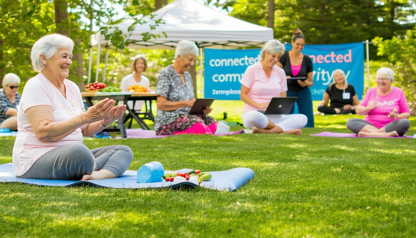 The image depicts a vibrant community gathering in Freeborn County Minnesota showcasing a diverse group of seniors engaged in various wellness activities In the foreground a smiling elderly couple participates in a gentle yoga class on a grassy lawn