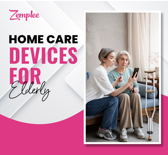 A set of home care devices for the elderly, including a walker, BP monitor, and pill organizer.
