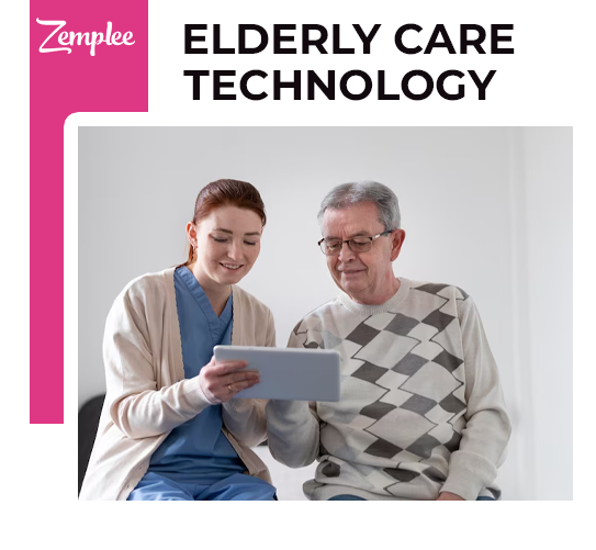 Elderly care technology: smart devices assist with health monitoring and daily tasks.